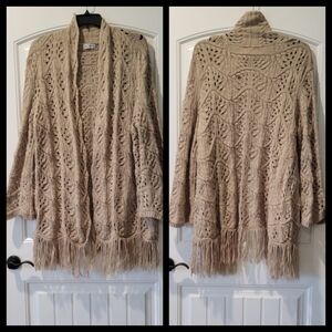 Open Knit Fringe Cardigan Shrug - Beige